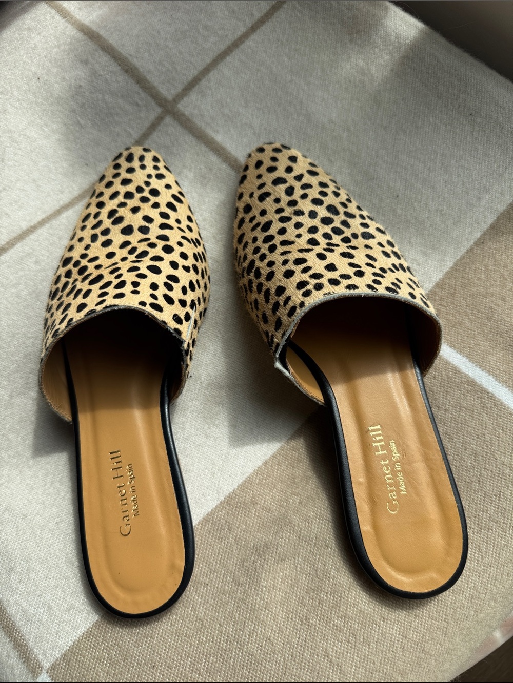 Garnet Hill Leopard-Print Pointed Slide Mules in Tan and Black